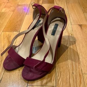 Size 9 faux suede maroon strappy heels - worn once! 3” block heel